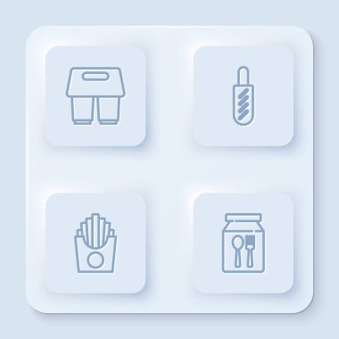 Set line Coffee cup to go, Hotdog sandwich, Potatoes french fries in box and Online ordering delivery. White square button. Vector.