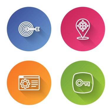 Set line Target, , Browser setting and Key. Color circle button. Vector.