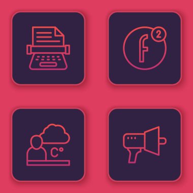 Set line Retro typewriter Weather forecast Create account and Megaphone. Blue square button. Vector.