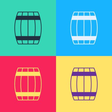 Pop Art Tahta Varil ikonu renk arkaplanında izole edilmiş. Alkol fıçısı, içki kabı, bira için tahta fıçı, viski, şarap. Vektör.