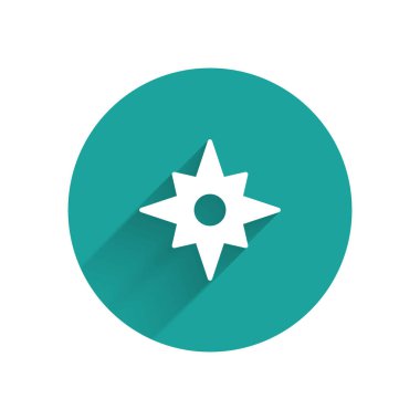 Beyaz Rüzgar gül ikonu uzun gölge arkaplan izole. Seyahat için pusula simgesi. Navigasyon tasarımı. Yeşil daire düğmesi. Vektör.