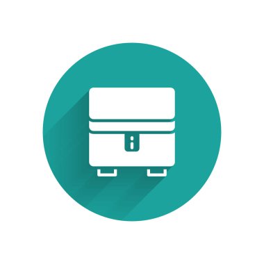 White Jewelry box icon isolated with long shadow background. Casket with jewelry. Green circle button. Vector.
