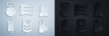 Set Chevron Aviation bomb Detonate dynamite stick and timer clock Military dog tag ammunition box and reward medal icon. Vector.