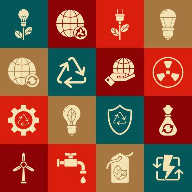 Set Recharging Garbage bag with recycle Radioactive Electric saving plug leaf Recycle symbol Planet earth and recycling Light bulb and Human hands holding Earth globe icon. Vector.