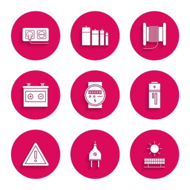Set Electric meter plug Solar energy panel and sun Battery Exclamation mark in triangle Car battery Wire electric cable reel or drum and Electrical outlet icon. Vector.