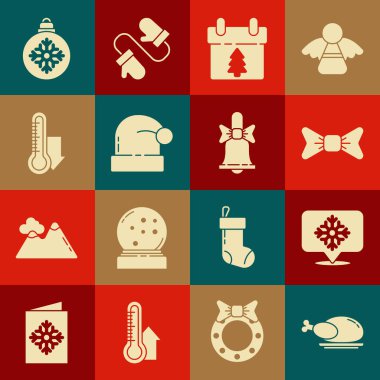 Set Roasted turkey or chicken Snowflake with speech bubble Bow tie Calendar Christmas Santa Claus hat Meteorology thermometer measuring ball and Merry ringing bell icon. Vector.