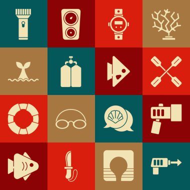 Set Fishing harpoon Flashlight Paddle Diving watch Aqualung Whale tail ocean wave and icon. Vector.