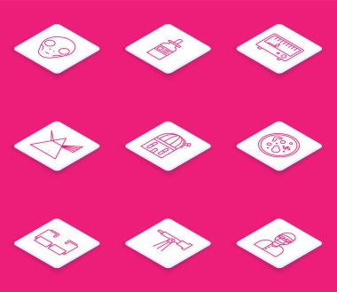 Set line Extraterrestrial alien face Glass bottle with pipette Electrical measuring instruments Light rays prism Astronomical observatory Bacteria Glasses and Telescope icon. Vector.