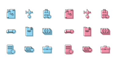 Set line Smartphone insurance Money with shield Ordered envelope Briefcase Personal folder Stacks paper money cash Delivery cargo truck and Plane icon. Vector.