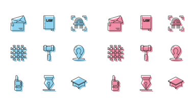 Set line Walkie talkie Fountain pen nib Envelope Graduation cap Judge gavel Map marker with silhouette of person Prison window and Law book icon. Vector.