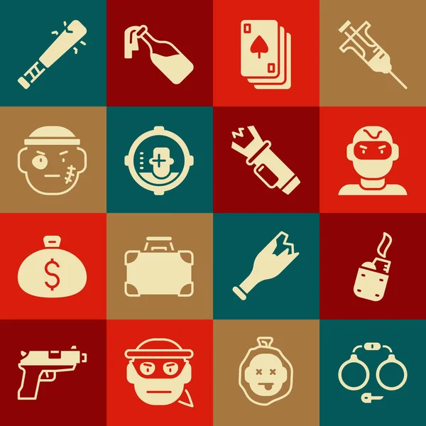 Set Handcuffs Lighter Thief mask Playing cards Headshot Bandit Baseball bat with nails and Police electric shocker icon. Vector.