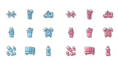 Set line Vitamin pill Bed No Smoking Bottle of water Fitness shaker Alarm clock Smart watch and Fresh smoothie icon. Vector.