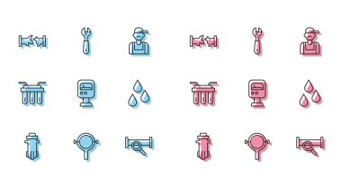 Set line Water filter Filter wrench Broken pipe Industry metallic Pressure water meter drop and Wrench spanner icon. Vector.