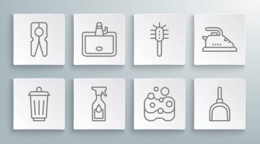 Set line Trash can Washbasin Cleaning spray bottle Sponge Dustpan Toilet brush Electric iron and Clothes pin icon. Vector.