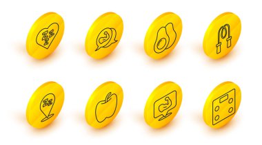 Set line Bathroom scales Bodybuilder muscle Apple Sleepy Jump rope Avocado fruit and icon. Vector.