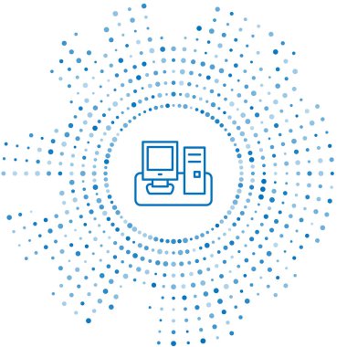 Blue line Computer monitor with keyboard and mouse icon isolated on white background. PC component sign. Abstract circle random dots. Vector.