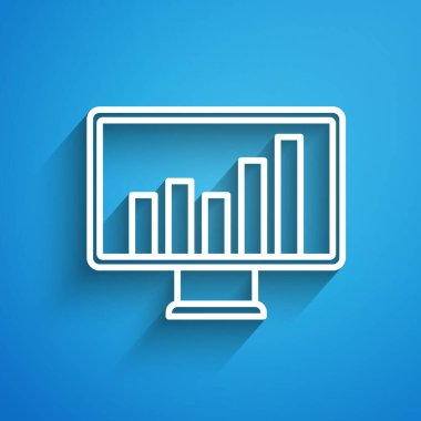 White line Computer monitor with graph chart icon isolated on blue background. Report text file. Accounting sign. Audit, analysis, planning. Long shadow. Vector.