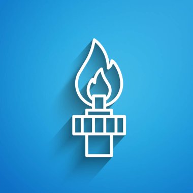 White line Oil rig with fire icon isolated on blue background. Gas tower. Industrial object. Long shadow. Vector.