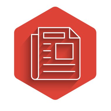 White line News icon isolated with long shadow background. Newspaper sign. Mass media symbol. Red hexagon button. Vector.