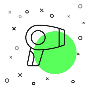 Siyah çizgi saç kurutma ikonu beyaz arkaplanda izole edildi. Saç kurutma makinesi tabelası. Saç kurutma sembolü. Sıcak hava üflüyor. Vektör.