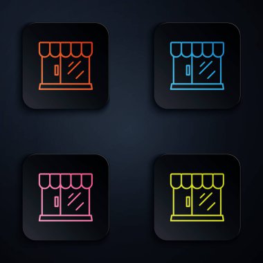 Color neon line Barbershop building icon isolated on black background. Set icons in square buttons. Vector.