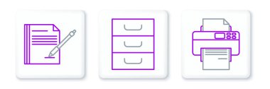 Set line Printer Blank notebook and pen and Drawer with documents icon. Vector.