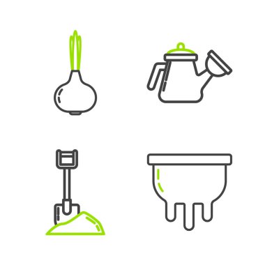 Set line Udder Shovel in the ground Watering can and Onion icon. Vector.