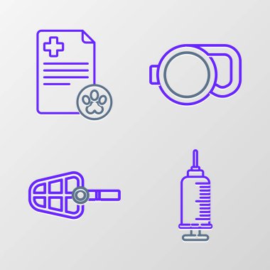 Set line Syringe with pet vaccine Dog muzzle Retractable cord leash and Clipboard medical clinical record icon. Vector.