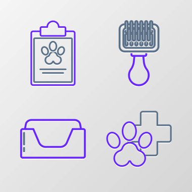 Set line Veterinary clinic symbol Pet bed Hair brush for dog and cat and Clipboard with medical clinical record pet icon. Vector.