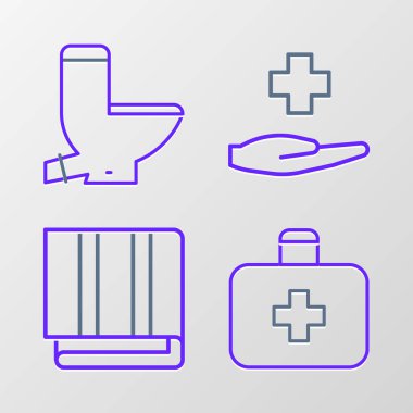 Set line First aid kit Towel stack Cross hospital medical and Toilet bowl icon. Vector.