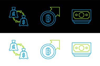Set line Stacks paper money cash Currency exchange and Financial growth and bitcoin icon. Vector.