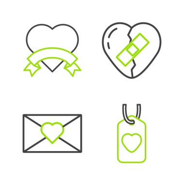 Set line Heart tag Envelope with Valentine heart Healed broken and icon. Vector.