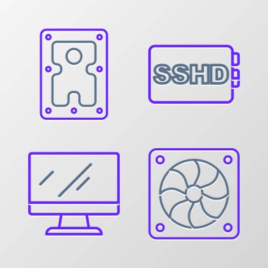 Set line Computer cooler monitor screen SSHD card and Hard disk drive HDD icon. Vector.