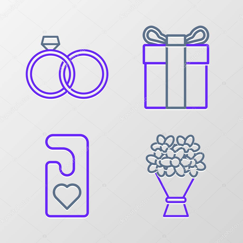 Set line Bouquet of flowers Please do not disturb with heart Gift box and Wedding rings icon. Vector.