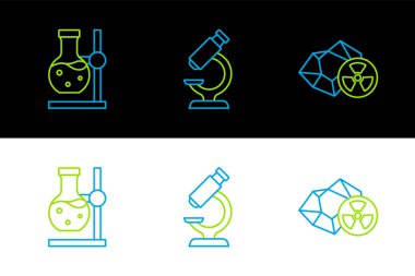 Set line Radioactive Test tube flask on stand and Microscope icon. Vector.