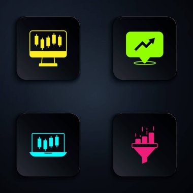 Set Sales funnel with chart Stocks market growth graphs and Financial. Black square button. Vector.