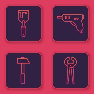 Set line Putty knife, Hammer, Electric hot glue gun and Pincers and pliers. Blue square button. Vector.