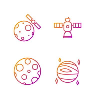 Set line Planet Venus, Moon, Satellites orbiting the planet Earth and Satellite. Gradient color icons. Vector.