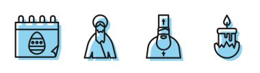 Set line Priest, Calendar with Easter egg, Jesus Christ and Burning candle icon. Vector.
