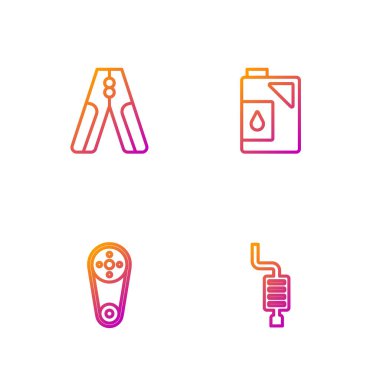 Set line Car muffler, Timing belt kit, battery jumper power cable and Canister for motor oil. Gradient color icons. Vector.