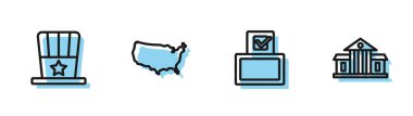 Set line Vote box, Patriotic American top hat, USA map and White House icon. Vector.