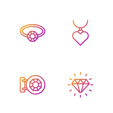 Set line Diamond, Jewelry store, engagement ring and Necklace with heart shaped pendant. Gradient color icons. Vector.