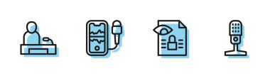 Set line Journalistic investigation Television report Mobile recording and Microphone icon. Vector.