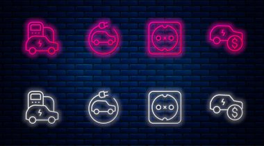 Set line Electric car Electrical outlet and price. Glowing neon icon on brick wall. Vector.