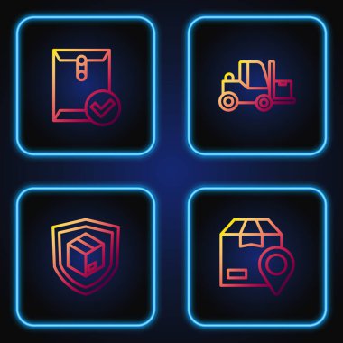 Set line Location with cardboard box Delivery security shield Envelope and check mark and Forklift truck. Gradient color icons. Vector.