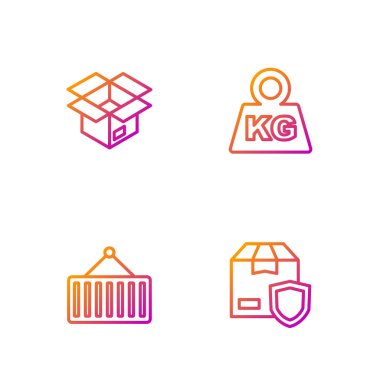 Set line Delivery security with shield Container on crane Unboxing and Weight. Gradient color icons. Vector.