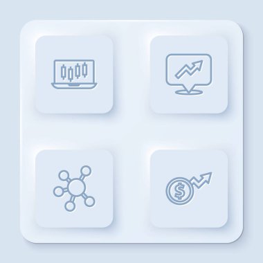 Set line Stocks market growth graphs Financial Project team base and dollar. White square button. Vector.