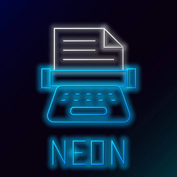 Gloeiende Neon Lijn Retro Typemachine Papier Vel Pictogram Geïsoleerd Zwarte — Stockvector