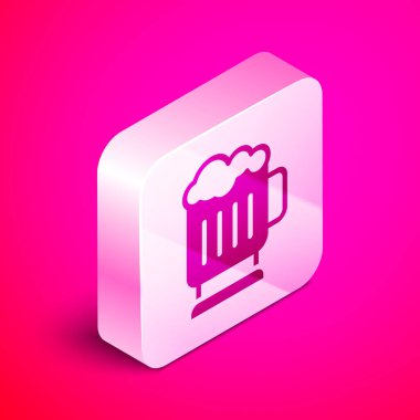 Isometric Wooden beer mug icon isolated on pink background. Silver square button. Vector.