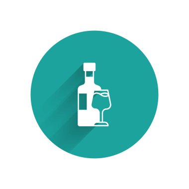 Uzun gölgeli cam ikonlu beyaz şarap şişesi. Yeşil daire düğmesi. Vektör.